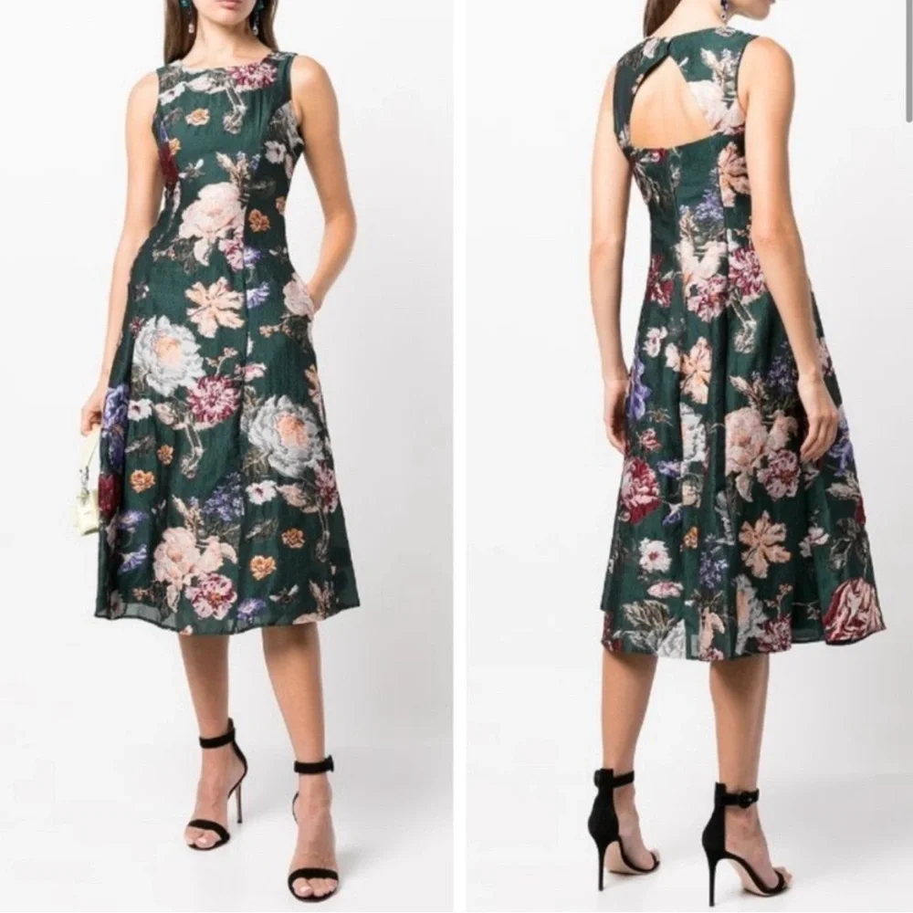 NWT Marchesa Notte Brocade Floral Green Midi Dress - Picture 2 of 10